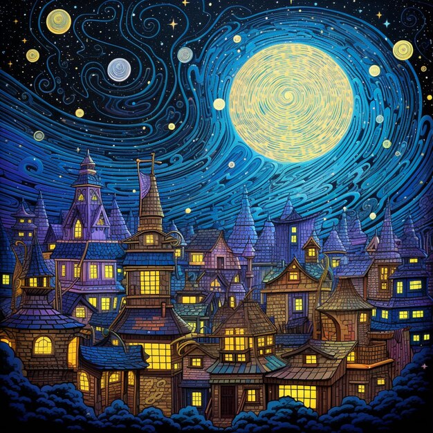 Un dipinto di una città con una luna nel cielo.