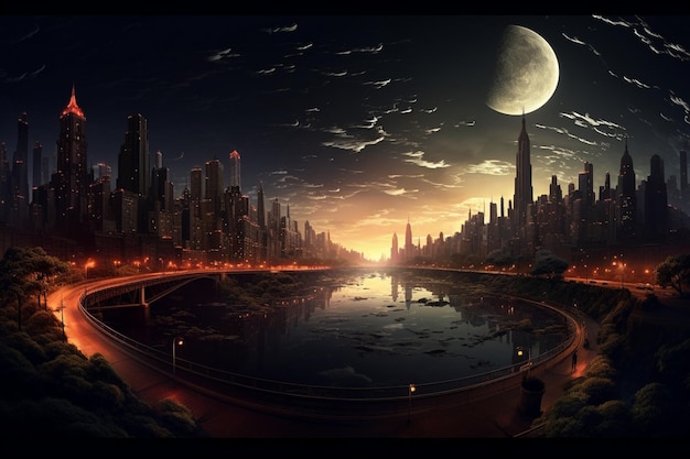 Un dipinto di una città con una luna sullo sfondo