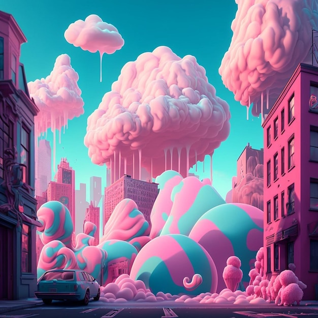 Un dipinto di una città con una nuvola rosa e blu che dice "la parola" sopra.