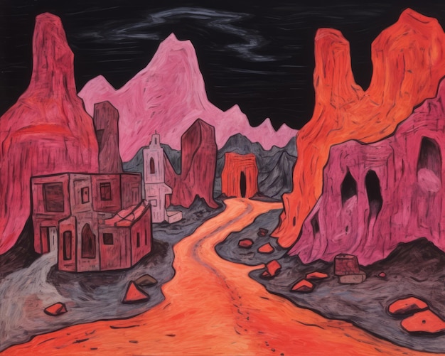 un dipinto di una città deserta con edifici rosa e rossi