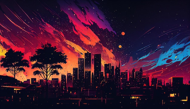 Un dipinto di una città di notte dai colori accesi generati dall'IA