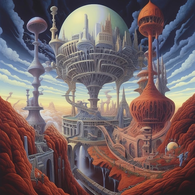 Un dipinto di una città fantascientifica con sopra una cupola
