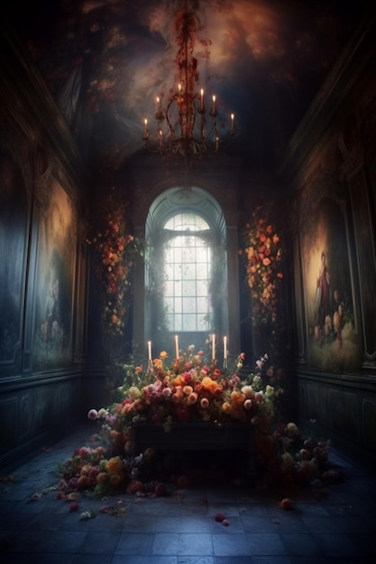 Un dipinto di una composizione floreale in una stanza buia