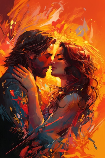 Un dipinto di una coppia che si bacia con l'illustrazione del calore