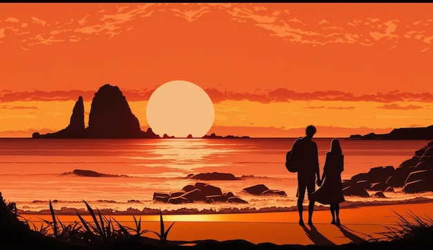 Un dipinto di una coppia che si tiene per mano su una spiaggia con il sole che tramonta dietro di loro.