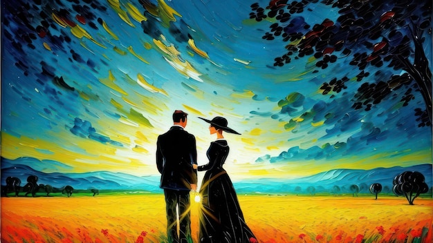 Un dipinto di una coppia in un campo con il cielo sullo sfondo.