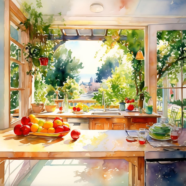 un dipinto di una cucina con una ciotola di frutta su un tavolo