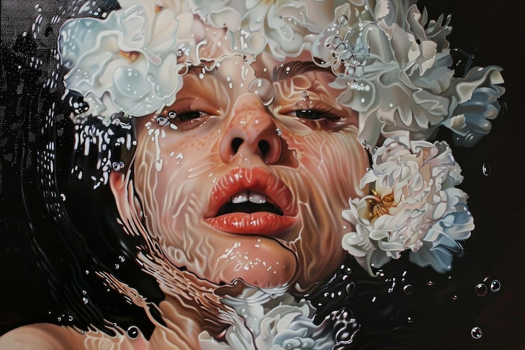 Foto un dipinto di una donna adornata di fiori sulla testa che ritrae reali esperienze umane non filtrate attraverso l'arte