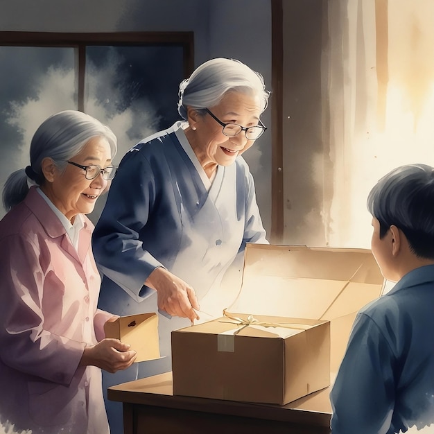 un dipinto di una donna anziana e di un ragazzo che guardano una scatola con le parole "vecchi" su di essa