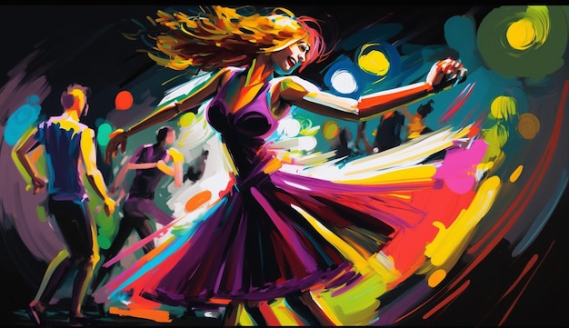Un dipinto di una donna che balla in un club con le parole danza su di esso.