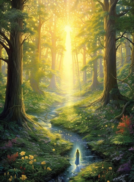 Un dipinto di una donna che cammina in una foresta con il sole che splende attraverso gli alberi.