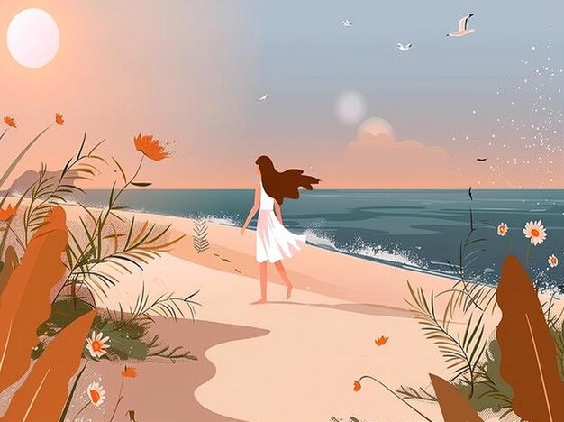 un dipinto di una donna che cammina su una spiaggia con un uccello che vola nel cielo