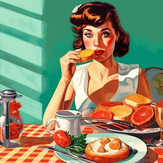 Un dipinto di una donna che fa colazione con una tovaglia rossa.