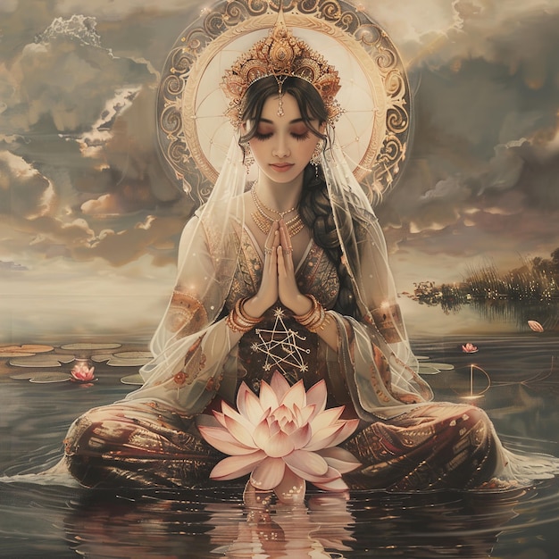 un dipinto di una donna che prega con un fiore di loto sullo sfondo
