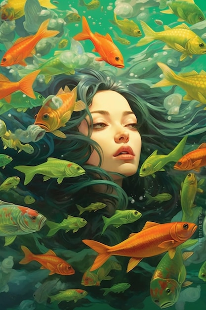 Un dipinto di una donna circondata da pesci che nuotano nell'oceano generativo ai