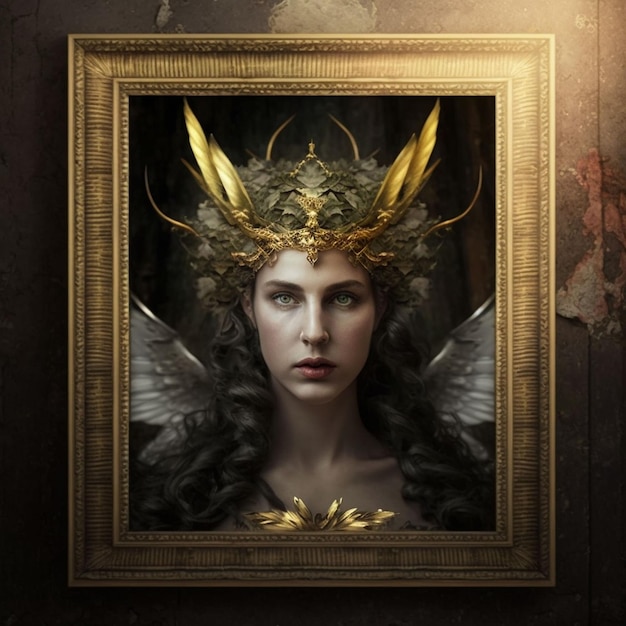 Un dipinto di una donna con ali e piume d'oro sulla testa.