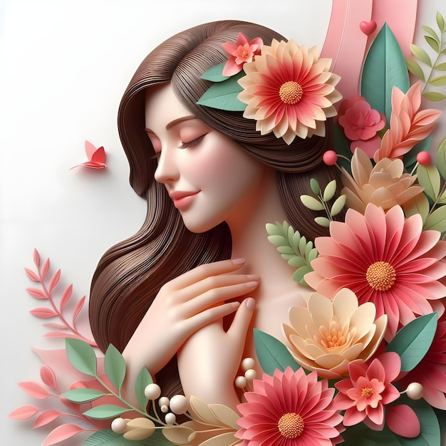 un dipinto di una donna con dei fiori e una statua di una donna coi occhi chiusi