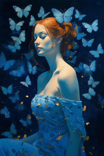 Un dipinto di una donna con farfalle blu sulla testa