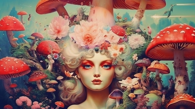 Un dipinto di una donna con fiori in testa
