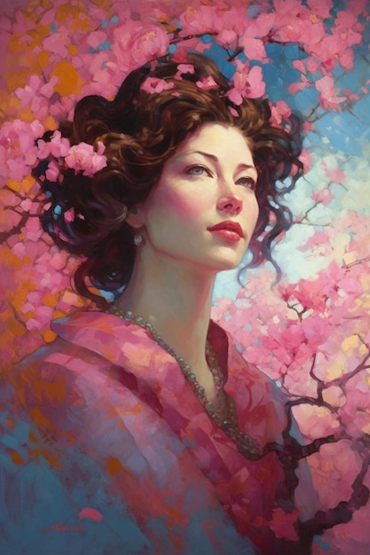 Un dipinto di una donna con fiori rosa sulla testa