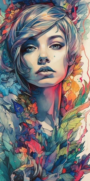 Un dipinto di una donna con fiori sul viso