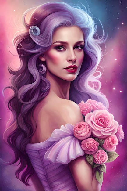 Un dipinto di una donna con fiori tra i capelli