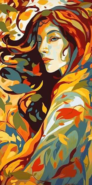 Un dipinto di una donna con foglie d'autunno sul viso.