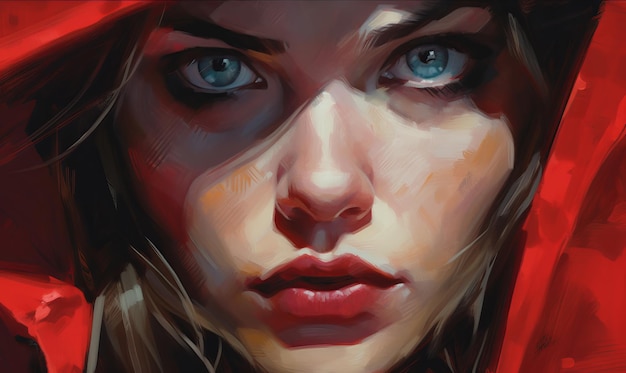 Un dipinto di una donna con gli occhi azzurri e l'illustrazione colorata digitale del cappuccio rosso