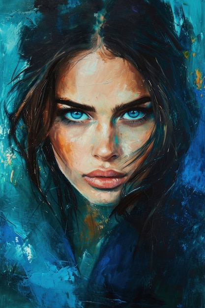 Un dipinto di una donna con gli occhi blu e i capelli scuri ai