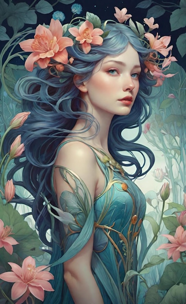 un dipinto di una donna con i capelli blu e i fiori