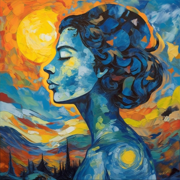 Un dipinto di una donna con i capelli blu e un sole sullo sfondo.