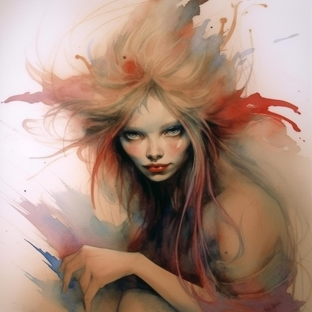 un dipinto di una donna con i capelli lunghi e i capelli rossi