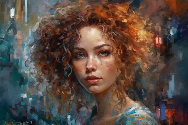 Un dipinto di una donna con i capelli ricci rossi