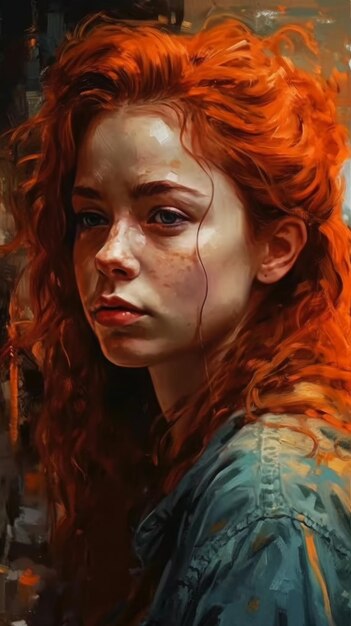 Un dipinto di una donna con i capelli rossi e gli occhi azzurri