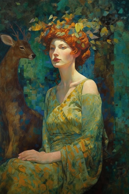 Un dipinto di una donna con i capelli rossi e un vestito verde con sopra un cervo.