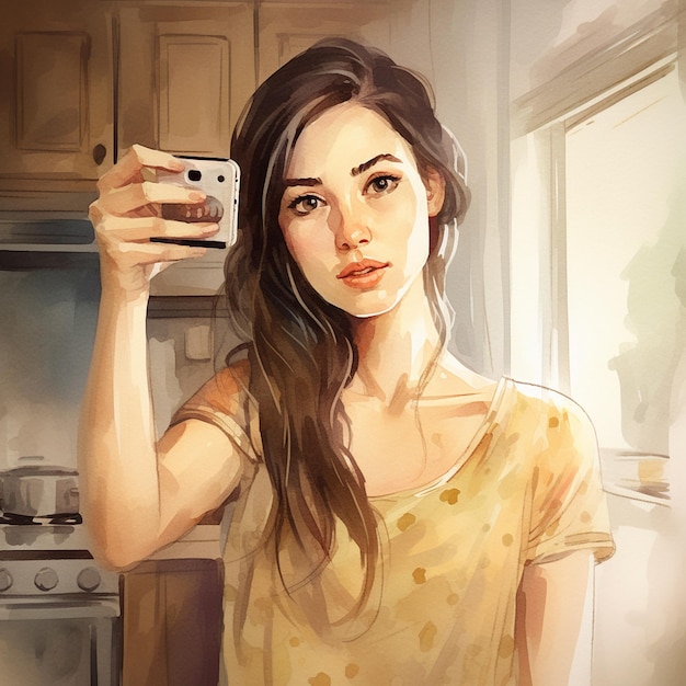Un dipinto di una donna con in mano un telefono davanti a una stufa.