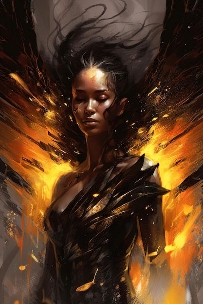 Un dipinto di una donna con le ali e un fuoco ardente sullo sfondo