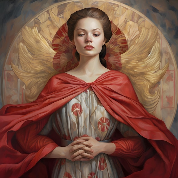 Un dipinto di una donna con le ali e un mantello rosso