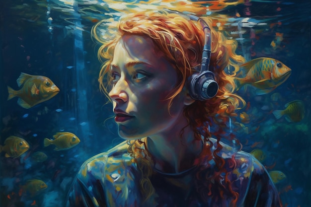 Un dipinto di una donna con le cuffie e un pesce che le nuota intorno.