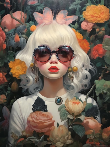 Un dipinto di una donna con occhiali da sole e un fiore in mano.