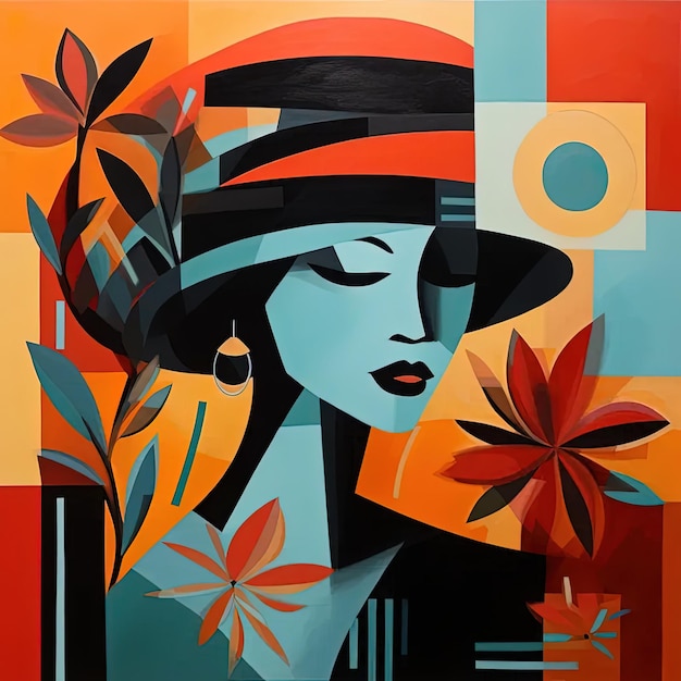 Un dipinto di una donna con un cappello e dei fiori