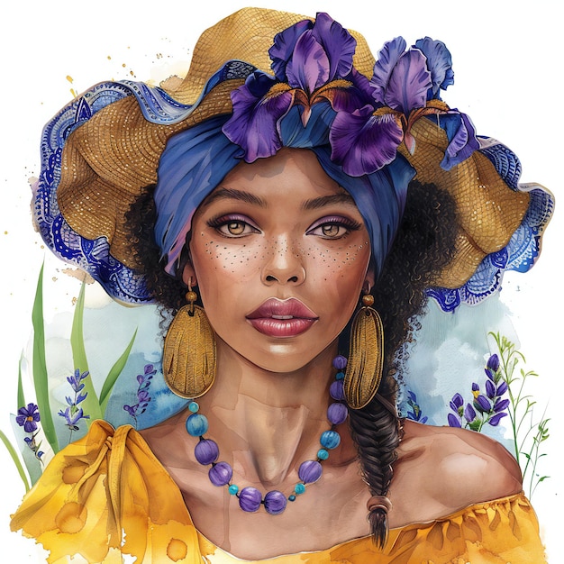 un dipinto di una donna con un cappello giallo e fiori blu