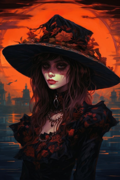 Un dipinto di una donna con un cappello una strega halloween