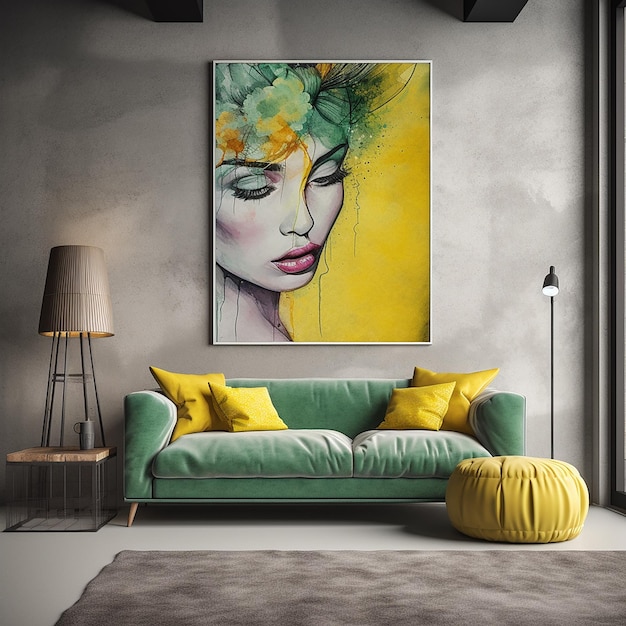Un dipinto di una donna con un divano verde e cuscini gialli è appeso sopra un divano verde.