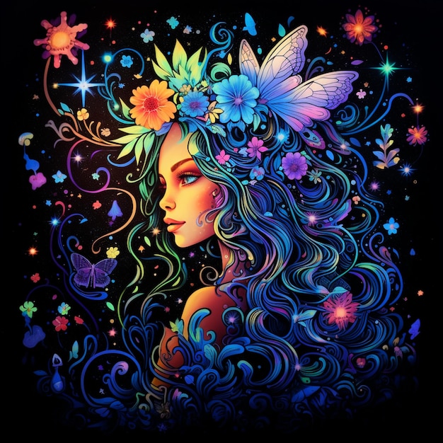 Un dipinto di una donna con un fiore in testa