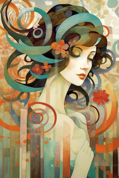 un dipinto di una donna con un fiore nei capelli generativo ai