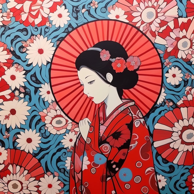 Un dipinto di una donna con un kimono rosso con dei fiori