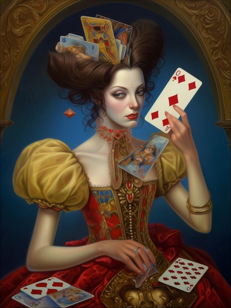 Un dipinto di una donna con una corona rossa e una corona rossa che tiene in mano una carta da gioco.