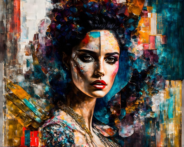 Un dipinto di una donna con una faccia blu e rossa.