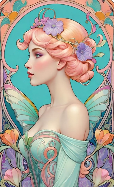 un dipinto di una donna con una farfalla nei capelli